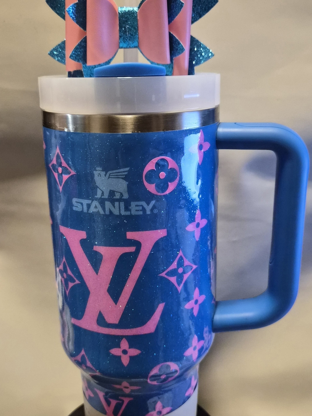 Stanley x LV Blue Glitter Travel Mug with Pink Monogram - Picture 2 of 4